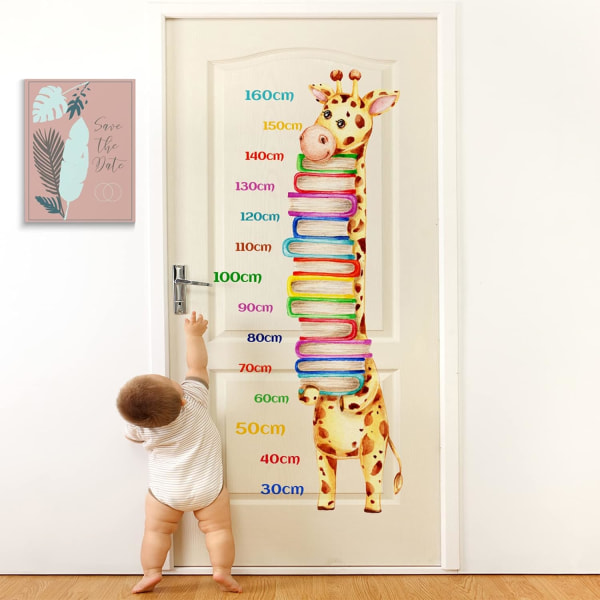 Väggdekor för höjddiagram för barn, vägglinjal för tillväxthöjd, härlig giraff med böcker Djur Höjdmätande väggdekor, avtagbar DIY-dekor