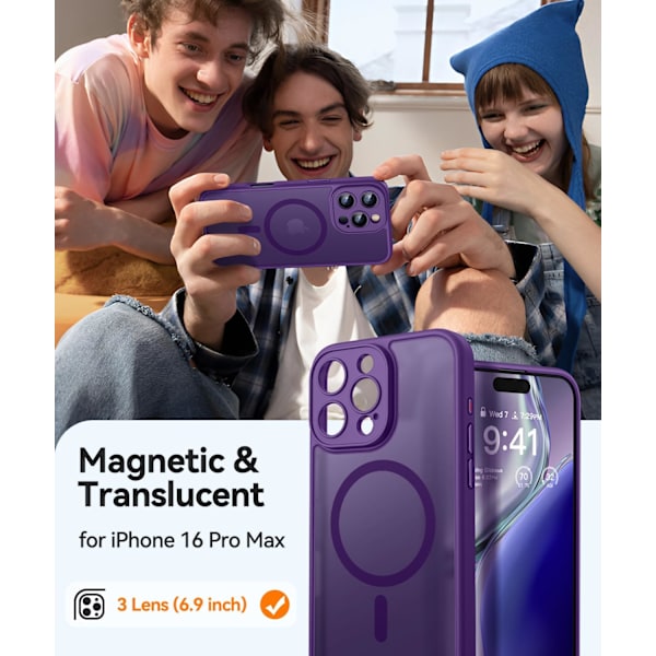 Magnetisk etui til iPhone 16 Pro Max med fuld kamerabeskyttelse [Kompatibel med Magsafe] [Gennemskinnelig mat] Beskyttende telefonetui, mat sort Deep Purple iPhone 16 Pro Max