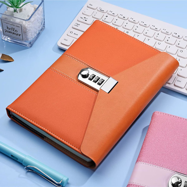 A5 Business Låsbare Dagbog, Låst Penneholder & Kortspor, Kontor Skoleartikler Studerende Papirvarer, Størrelse 8,6\"x5,9\"（Orange）