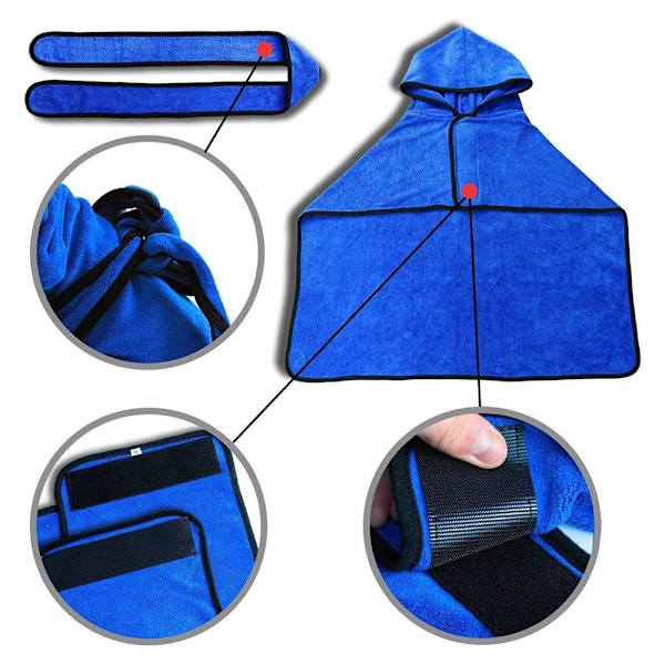 Blød og superabsorberende hundebadekåbe i mikrofiber med hætte/bælte til store, mellemstore hunde - Blå - M