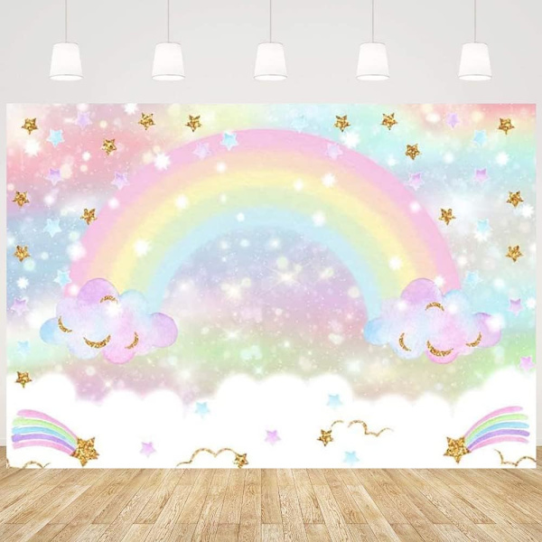 Regnbågsbakgrund Pastell Regnbåge Födelsedag Moln Glitter Stjärnor för Festdekorationer Tårta Bordsbanderoll Regnbåge Baby Shower Fotografi Bakgrund 7x5FT