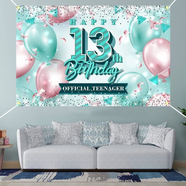Happy 13th Birthday Bakgrunn Dekorasjoner Rosa og Teal Glitter 13 År Gammel Banner for Jenter Offisiell Tenåring Bursdagsfest Dekorasjoner Forbruksvarer