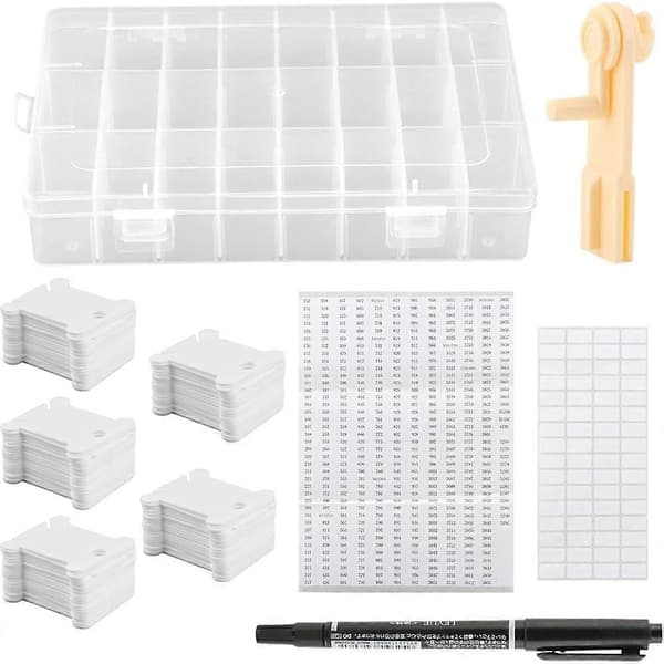 Embroidery Floss Organizer - Thread Storage Box with 24 Removable Compartments, 40 Hard Plastic Bobbins, and Stickers
