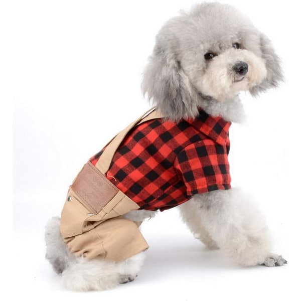 Husdjurskläder för liten hund Katt Röda rutiga skjortor Tröja med Khaki Overall Byxor Jumpsuit Outfits - M Storlekar