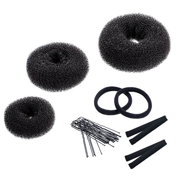 17 stk. Donut hårbolle maker sæt, 3 stk. hårbolle maker, 2 stk. bolle hår krøller-sort