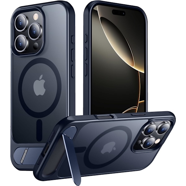 Magneettinen iPhone 16 Pro Max -kotelo, [Sisäänrakennettu näkymätön jalusta][Yhteensopiva MagSafe-tekniikan kanssa] [Sotilastason iskunkestävä] Ohut läpikuultava Blue for iPhone 16 Pro 6.3"