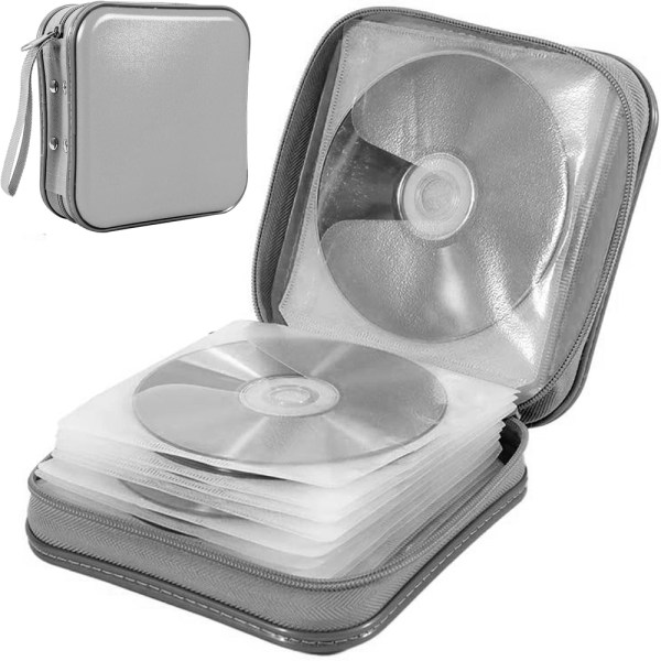 CD- case med 40 kapacitet, styvt DVD- case i plast Bärbar CD- case med dragkedja Stor förvaringsskiva Plånbok Väska-Silver