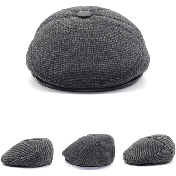 Vinterflatcaps for menn med øreklaffer i ullblanding, varm newsboy-hatt, DeREy irske caps, lue for menn, utendørs jakt, golf, vinterlue (grå 55-60 cm)