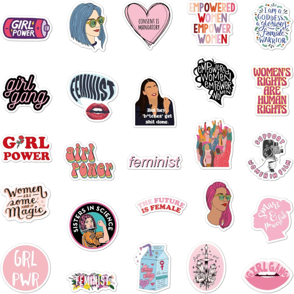 100 feministiska klistermärken, radikala vattentäta klistermärken, vattenflaskor, bärbara datorer, bagagehjälmar, skateboards, skidor, gitarrer, klippböcker, mobiltelefon.
