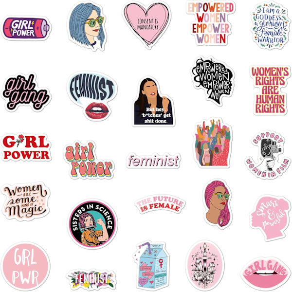 100 feministiske klistremerker, radikale vanntette klistremerker, vannflasker, bærbare datamaskiner, kofferter, hjelmer, skateboard, ski, gitarer, utklippsmapper, mobiltelefon.