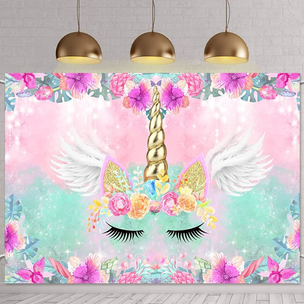 Regnbue Enhjørning Pige Tillykke Fødselsdag Baggrund Akvarel Blomst Baggrund Fest Dekorationer Kage Bord Foto Banner Fotografering Rekvisitter 5X3ft