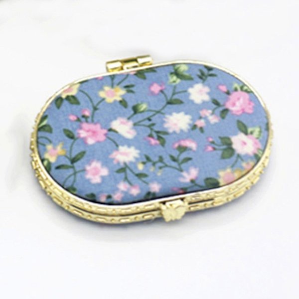 Kosmetisk spejl med print, antik kunst, retro blomsterstof, dobbeltsidet foldbar bærbar mini - Oval blå (7,5 * 5 cm)