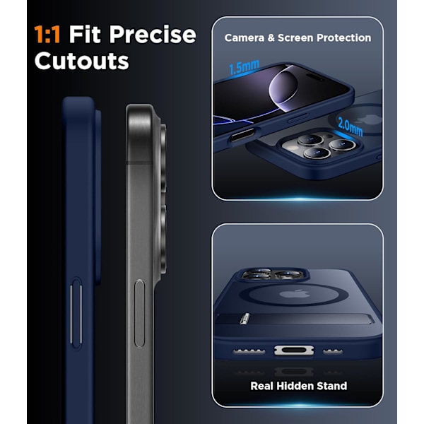 Magneettinen iPhone 16 Pro Max -kotelo, [Sisäänrakennettu näkymätön jalusta][Yhteensopiva MagSafe-tekniikan kanssa] [Sotilastason iskunkestävä] Ohut läpikuultava SeaBlue for iPhone 16 Pro Max 6.9"