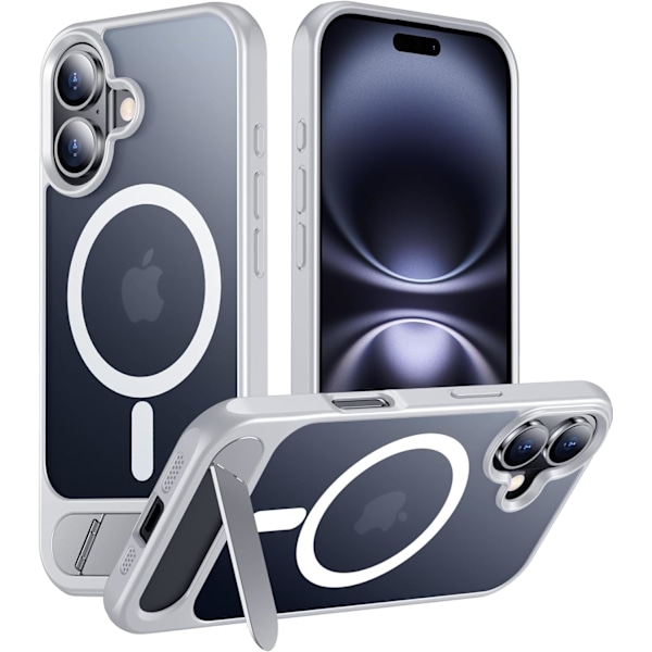 Magneettinen iPhone 16 Pro Max -kotelo, [Sisäänrakennettu näkymätön jalusta][Yhteensopiva MagSafe-tekniikan kanssa] [Sotilastason iskunkestävä] Ohut läpikuultava Silver for iPhone 16 Plus 6.7"