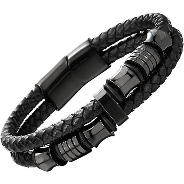 Dubbelradig flätad läderarmband för män med armband i rostfritt stål (svart-svart)