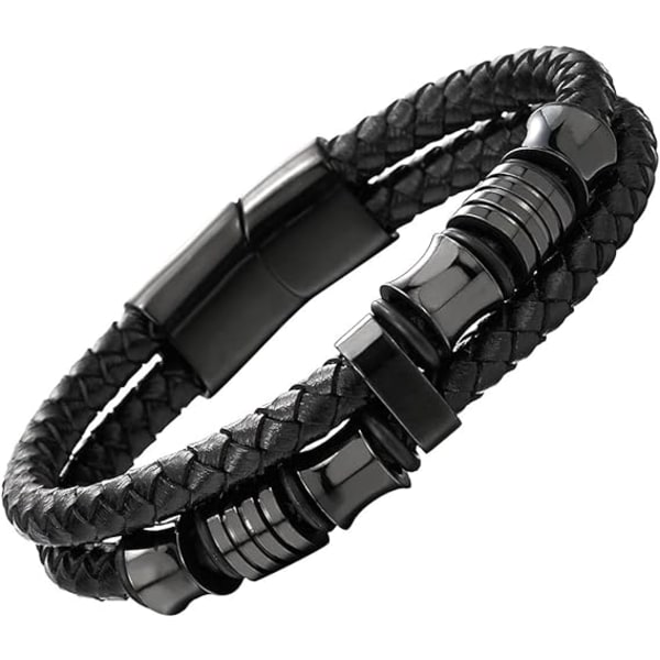 Dubbelradigt flätat läderarmband för män Armbandsarmband med prydnader i rostfritt stål (svart-svart)