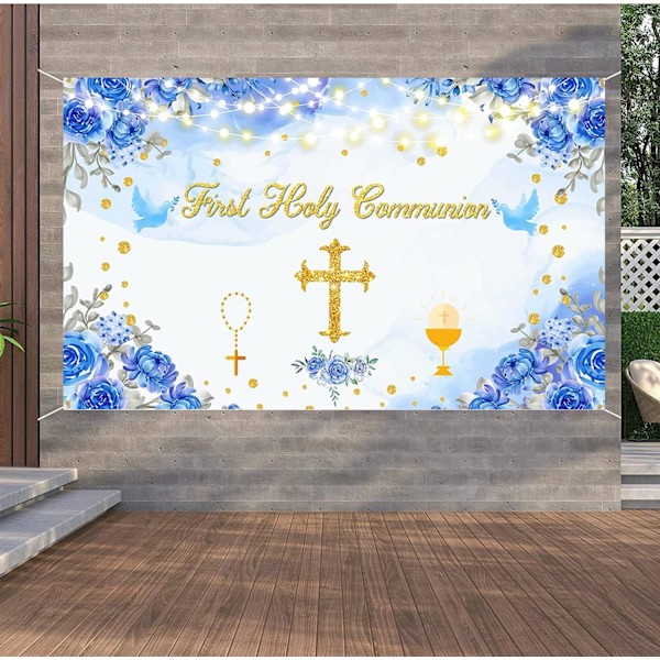 Första Högmässan Bakgrundsbanner Dop Dop Gud Välsigne Festdekorationer Banner Blå Första Högmässan Baby Shower Bakgrund för Pojkar