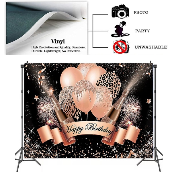 Roséguld Grattis på födelsedagen Bakgrund för Ballong Champagne Glas Glitter Födelsedag Bakgrund Söt Födelsedagsfest Banner Baby Shower Dekoration 7X5FT