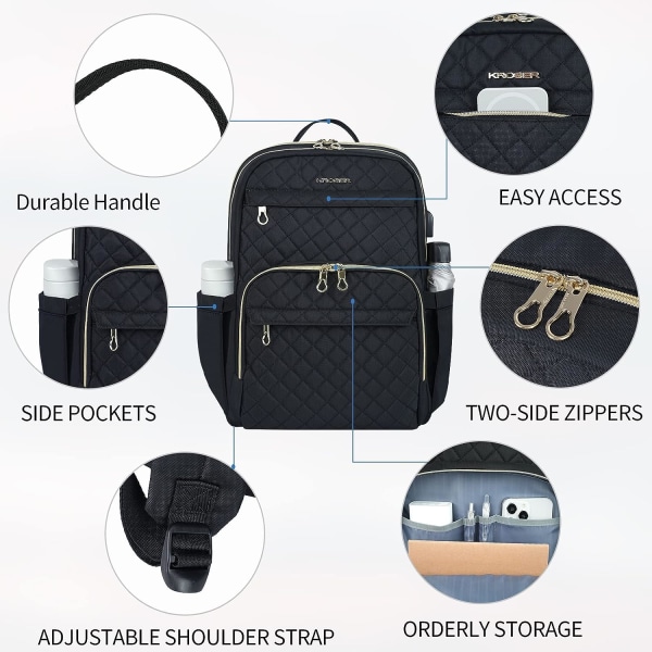 Ryggsäck för bärbar dator 15,6 tums elegant dagsäck med USB laddningsport, vattenavvisande nylon Ryggsäck för resor/affärer/kvinnor/svart