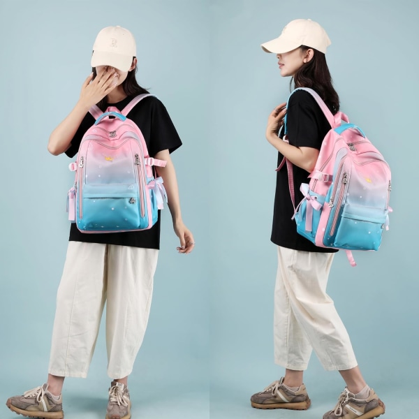 Ryggsäck för flickor, Söt Kawaii skolväska för barn Lätt bokväska Ryggsäck för mellan- och gymnasieskola med stöldskyddsficka, rosa skolryggsäck