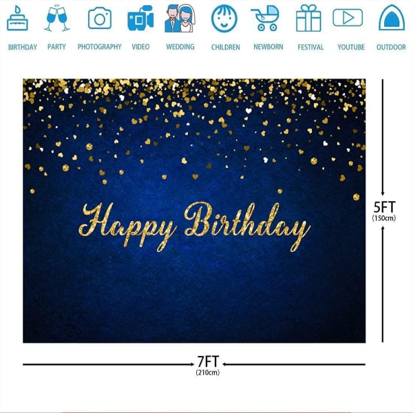 7x5ft Happy Birthday Bakgrunn for Menn Royal Blue Bakgrunner for Fotografering Golden Glitter Dots Bakgrunn 1. Fødselsdag Banner Dekorasjoner