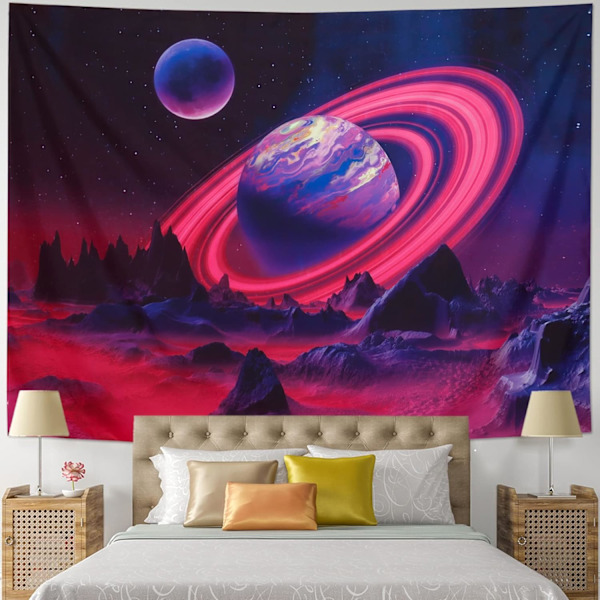 Blacklight Planet Tapestry UV Reactive Mountain Tapestry Galaxy Space Tapestry Starry Night Sky Tapestry Veggteppe for Hjemmedekorasjon(59.1\"x78.7\")