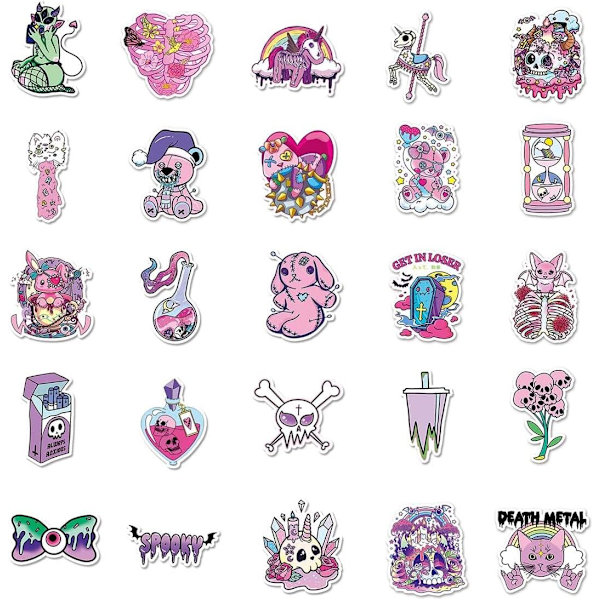 50 Personlige Rosa Gotiske Skalle Graffiti Vinyl Vanntette Klistremerker for Bærbar PC, Mobiltelefoner, Skateboards, Kofferter, Vannflasker