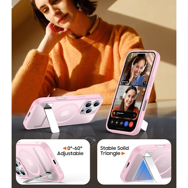 Magneettinen iPhone 16 Pro Max -kotelo, [Sisäänrakennettu näkymätön jalusta][Yhteensopiva MagSafe-tekniikan kanssa] [Sotilastason iskunkestävä] Ohut läpikuultava Pink for iPhone 16 Pro Max 6.9"