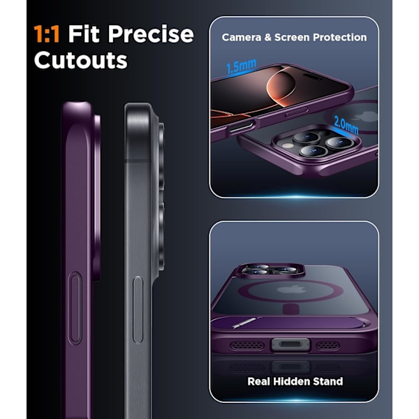 Magneettinen iPhone 16 Pro Max -kotelo, [Sisäänrakennettu näkymätön jalusta][Yhteensopiva MagSafe-tekniikan kanssa] [Sotilastason iskunkestävä] Ohut läpikuultava Purple for iPhone 16 Pro Max 6.9"