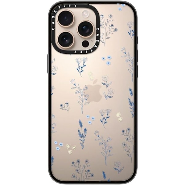Kompakt iPhone 16 Pro Max Deksel [Lettvekt / 1,2 m 2X Militær Grad Fallbeskyttelse/Slank] - Kirsebær - Klar Svart Small Blue Flowers iPhone 16 Pro Max