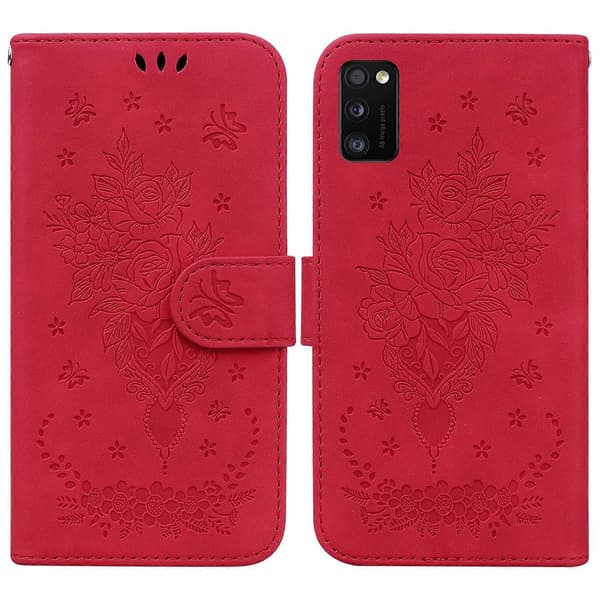 Samsung Galaxy A41 -kotelo perhosruusukuvioisella nahalla Red