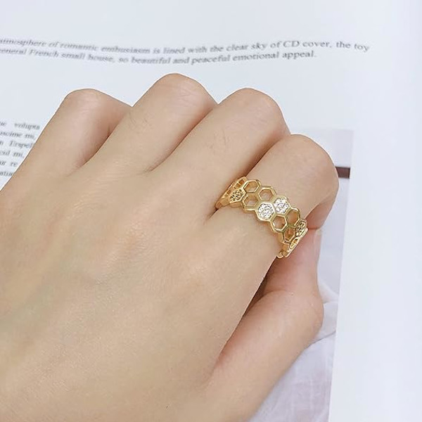 Kubisk Zirkonia Bie Honningkake Ring Gullbelagt Åpen Forlovelseserklæring Stablet Fingerring Justerbar Mote Diamant Jubileums Smykker Gaver