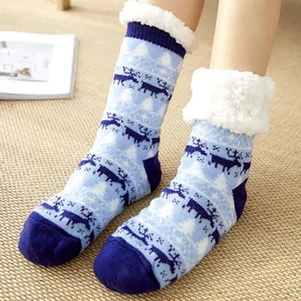 Women's Mid-Calf Extra Thick Fleece Lined Cozy Slipper Socks Sky Blue Deer
