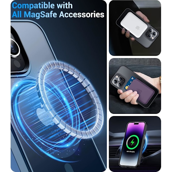Magneettinen iPhone 16 Pro Max -kotelo, [Sisäänrakennettu näkymätön jalusta][Yhteensopiva MagSafe-tekniikan kanssa] [Sotilastason iskunkestävä] Ohut läpikuultava Black Matte iPhone 14 Pro Max
