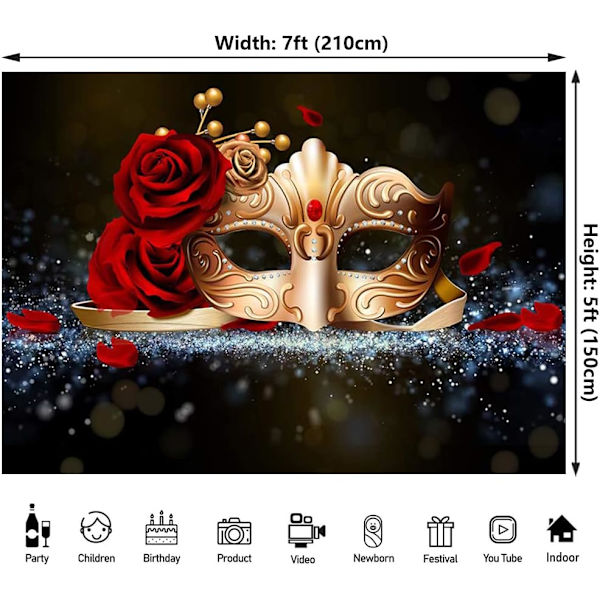 Masquerade-festbakgrunn med gullmaske og rød rose - Bakgrunn for Fiesta Mardi Gras-arrangement, dansefoto, bursdag, studiofoto, 5 x 5 fot