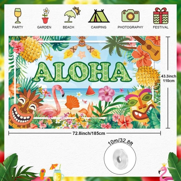 Tiki-fest baggrund til hawaiianske festdekorationer og sommerfestdekoration, tropisk stofbanner til Luau-festartikler, 72,8 x 43 tommer