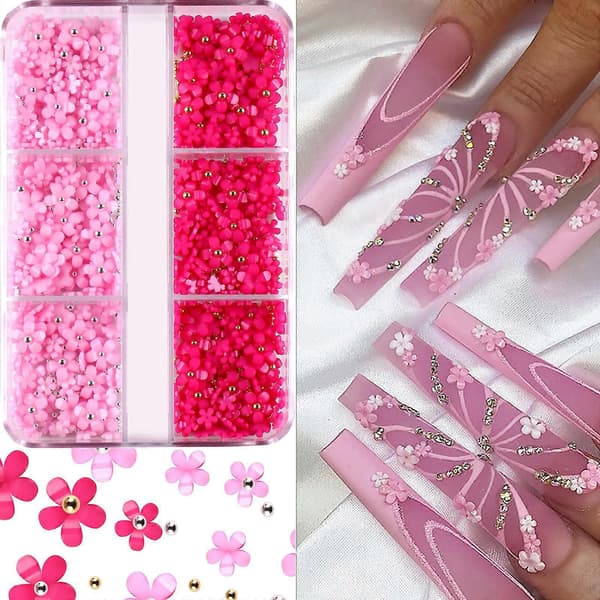 3D Blomster Nail Art Berlocker med Strass och Pärlor för Vår Sommar DIY Blommig Nageldesign