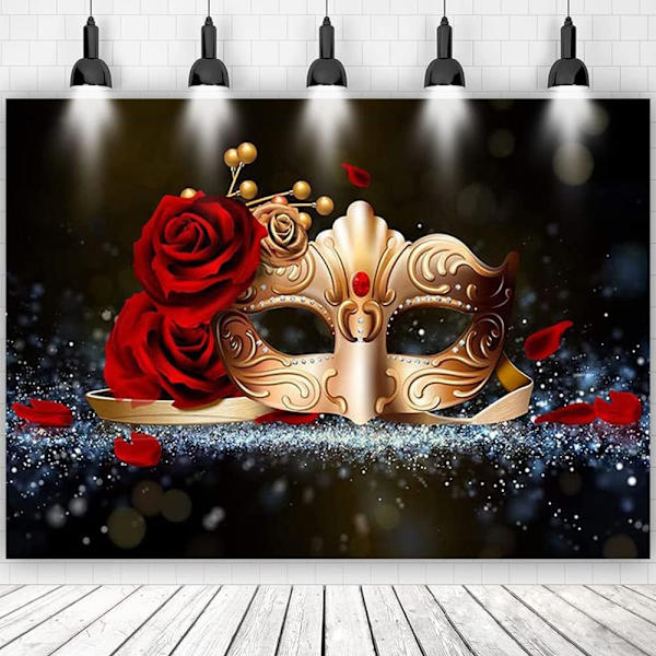 Masquerade-festbakgrunn med gullmaske og rød rose - Bakgrunn for Fiesta Mardi Gras-arrangement, dansefoto, bursdag, studiofoto, 5 x 5 fot
