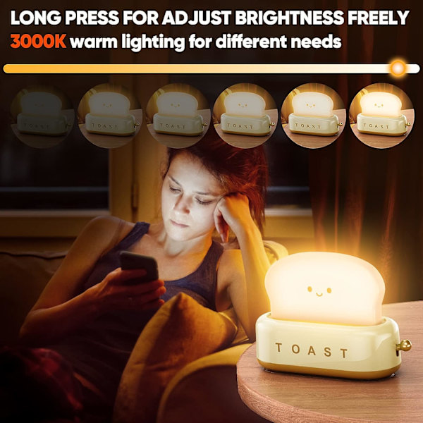 Søt Kawaii Toast Nattlampe for Skrivebordsdekorasjon Bord Baby Barnerom og Soveromsdekor Utsøkt Dimbar Oppladbar Toast Brødlys