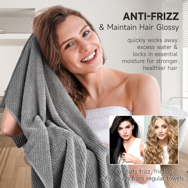 Suuri mikrokuitupyyhe naisille, anti-frizz pyyhe kuminauhalla | Erittäin imukykyinen | Speed ​​Pyyhe Gray