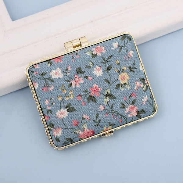 Kosmetisk spejl med print, antik kunst, retro blomsterstof, dobbeltsidet foldbar bærbar mini - Firkantet blå (7,5 * 5,5 cm)