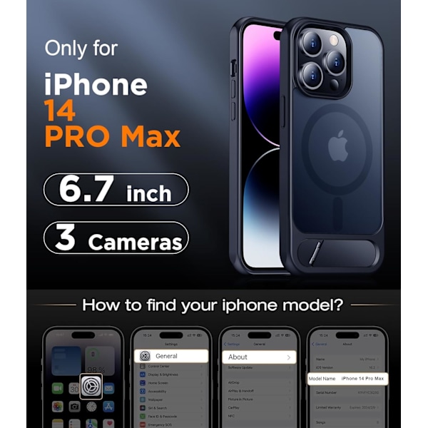 Magnetiskt kompatibel med iPhone 16 Pro Max-fodral, [Inbyggt osynligt stativ][Kompatibelt med MagSafe] [Militärklass stöttåligt] Smalt genomskinligt Black iPhone 14 Pro Max