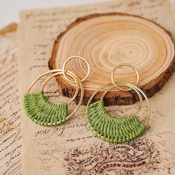 Raffia Hoop Örhängen Roliga Boho Sommar Strand Örhängen Lätta Handgjorda Halm Korg Rotting Hängande Örhängen Statement Geometriska Runda Drop Örhängen