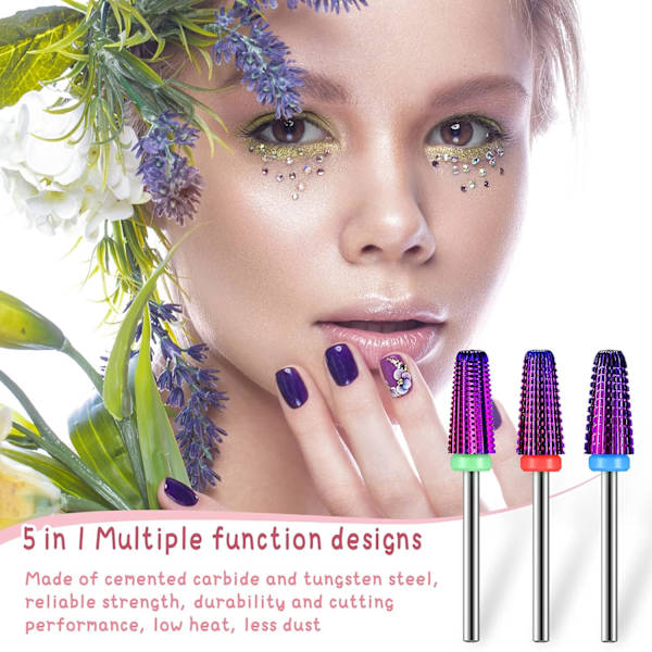 3 st Nail CaREide 5 i 1-bit, nagelborrset - 2-vägs rotation för både vänster- och högerhänta, 3/32 tum skaftstorlek