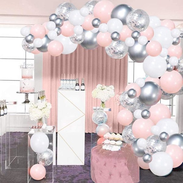 Sølvrosa Ballonggirlandsett, 106 stk Hvite og Sølvkonfetti Metalliske Latexballonger Bue med 16 fot Tape Stripe & Punktlim for Festdekorasjoner