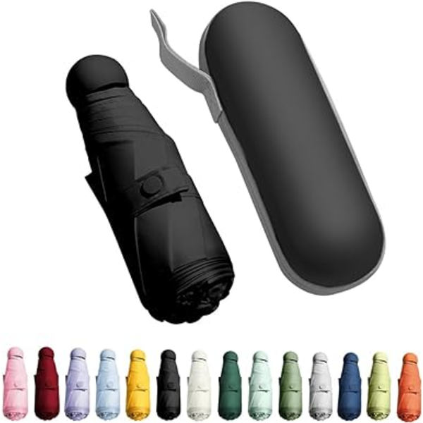 Mini Foldbar Kompakt Paraply med Etui, 8 Ribber Letvægts Bærbar Paraply, Lille Sol & Regn Lommeparaply til Piger og Kvinder - Sort
