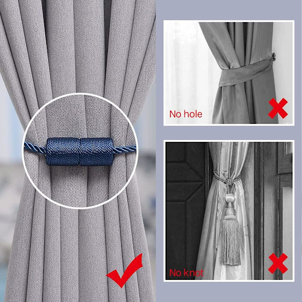2 kappaletta 16 tuuman magneettiset verhonpitimet käsintehdyt punotut köydet kätevät ja koristeelliset verhonpitimet kotiin ja toimistoon - tummansininen