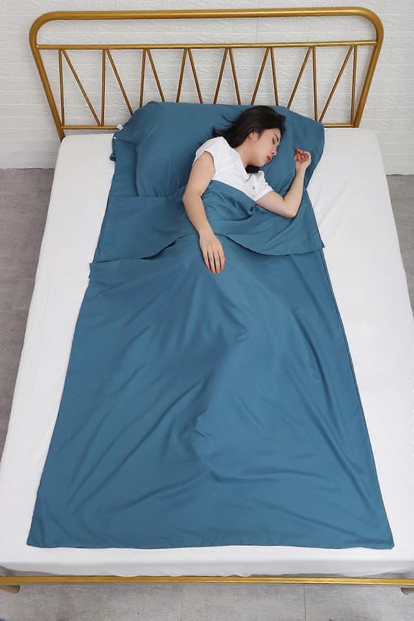 Sovsäcksfoder 215x110CM, Bärbara Lätta Sovsäckar, Reselakan med Kuddfack för Vuxna Tonåringar Hotell Resor Camping Hem Blue