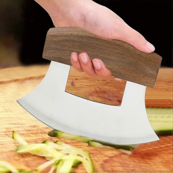 Ulu Alaskan kutter laget av rustfritt stål med ergonomisk sklisikkert håndtak og trestativ