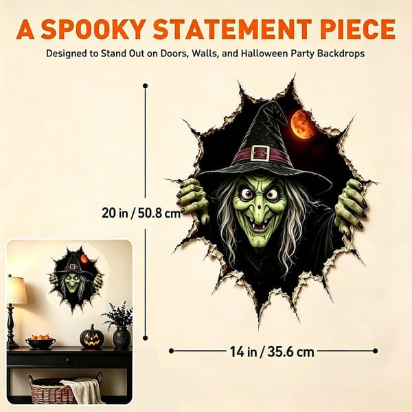 Halloween-murto 3D-seinätarrat, Halloween rikkinäinen 3D-seinätarra noitainvaasio noita